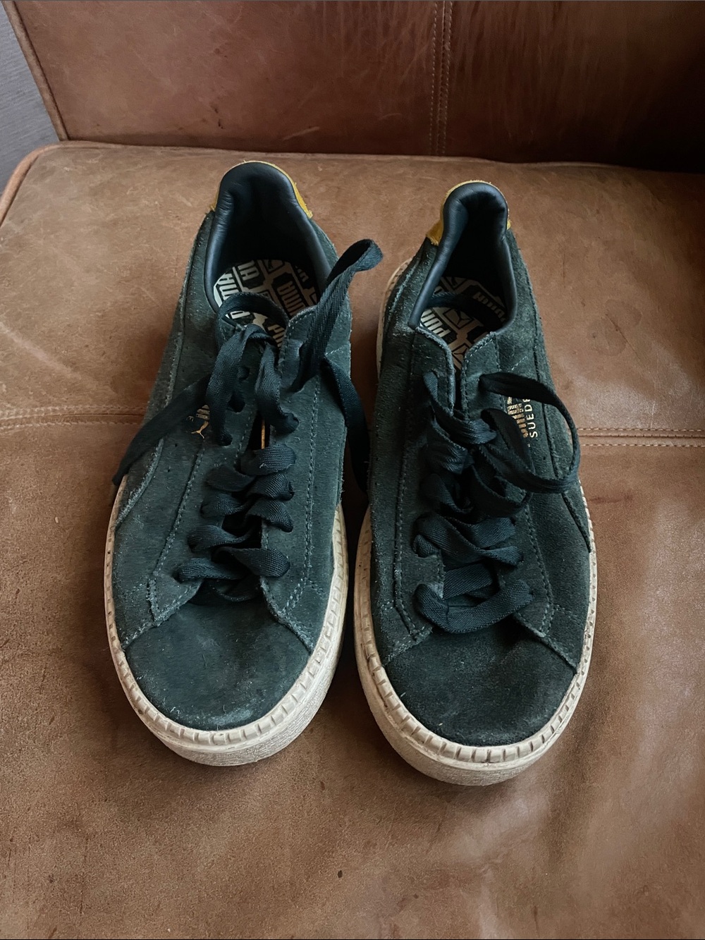 Puma women’s dark green Suede Sneakers with Yellow Heel Accent